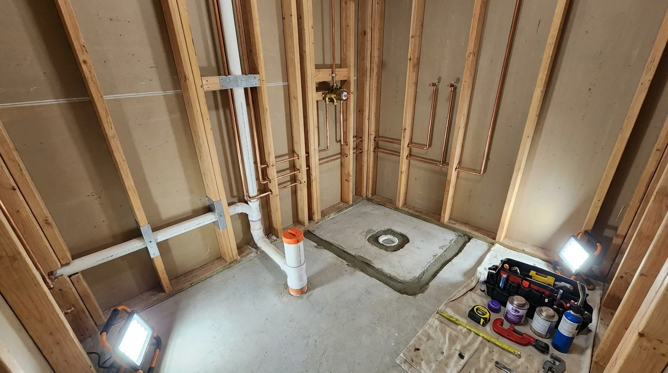 Bathroom rough-in plumbing during remodel by Johns Plumbing LLC in Longmeadow