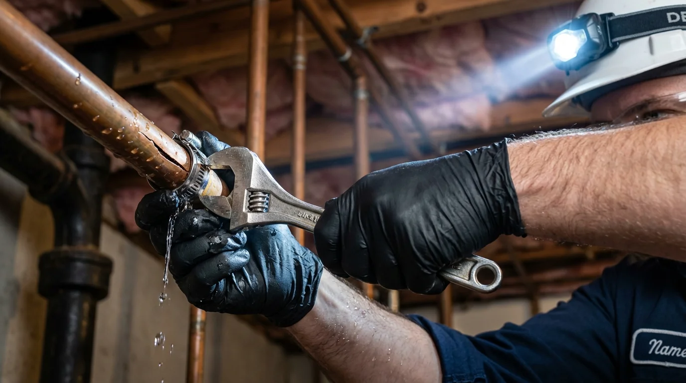 Emergency pipe clamp repair being performed by a Johns Plumbing LLC plumber in Longmeadow