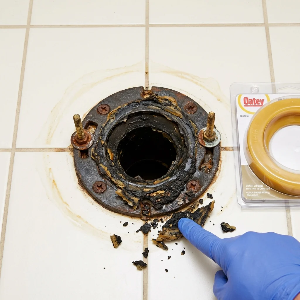 Failed wax ring showing water seepage at the base of a toilet in a Longmeadow, MA home